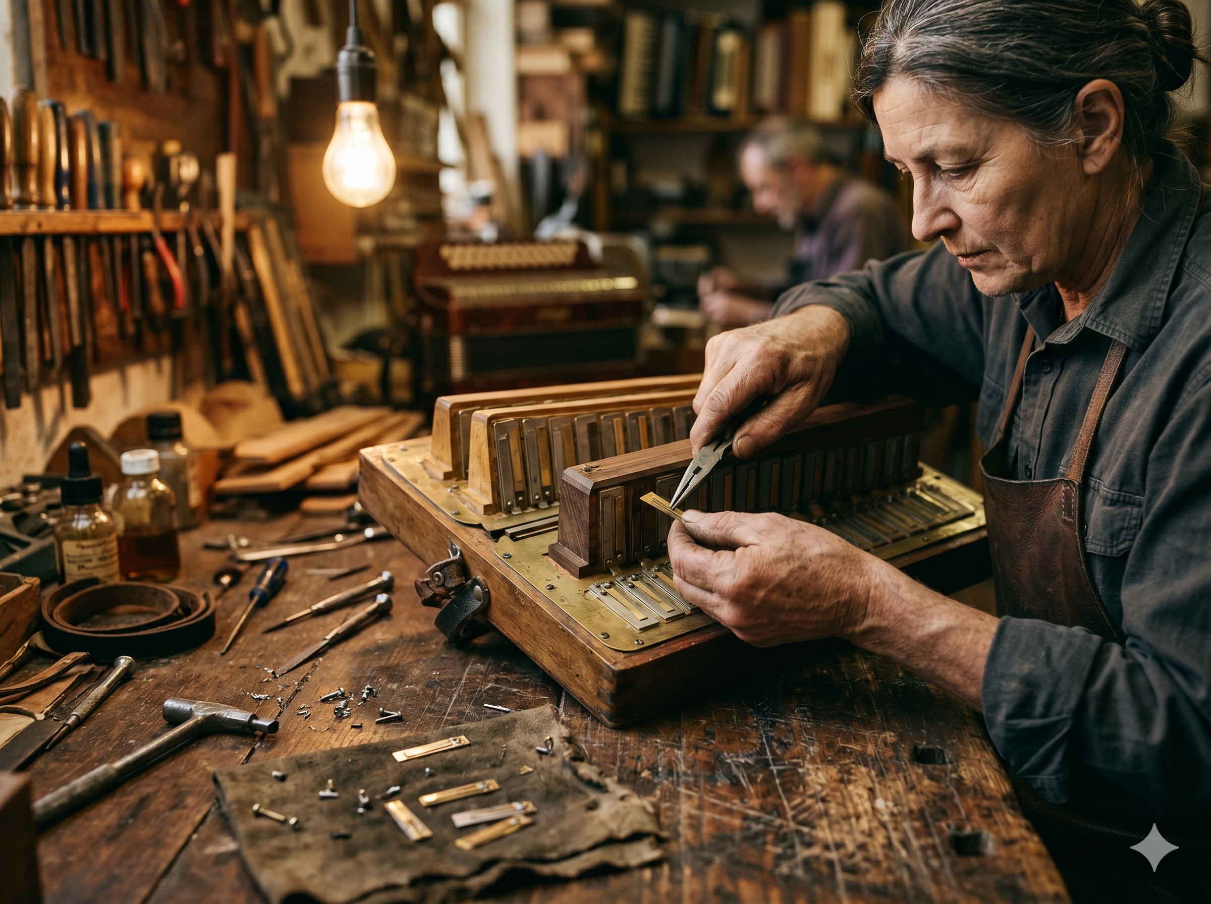 Akkordeonbauerin bei der präzisen Reparatur eines Stimmstockes in der Werkstatt Magdeburg